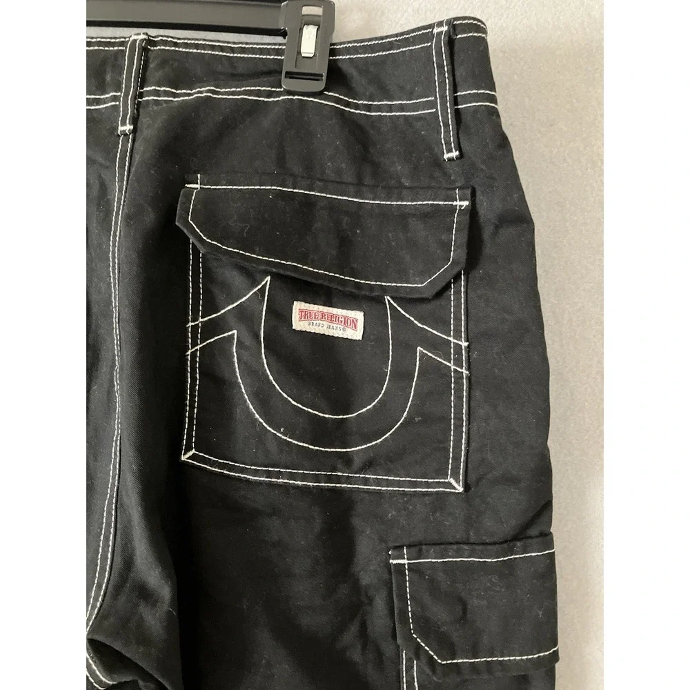 True Religion Brand Jeans Cargo Pants Jet Black Men Size 32 Baggy Y2K Streetwear